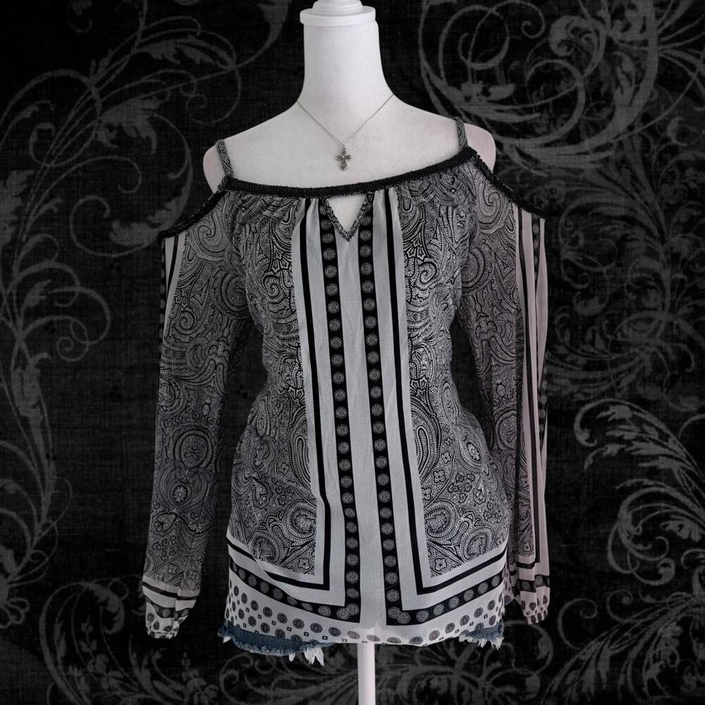 open shoulder cut black + white baroque scroll print whimsical glam top